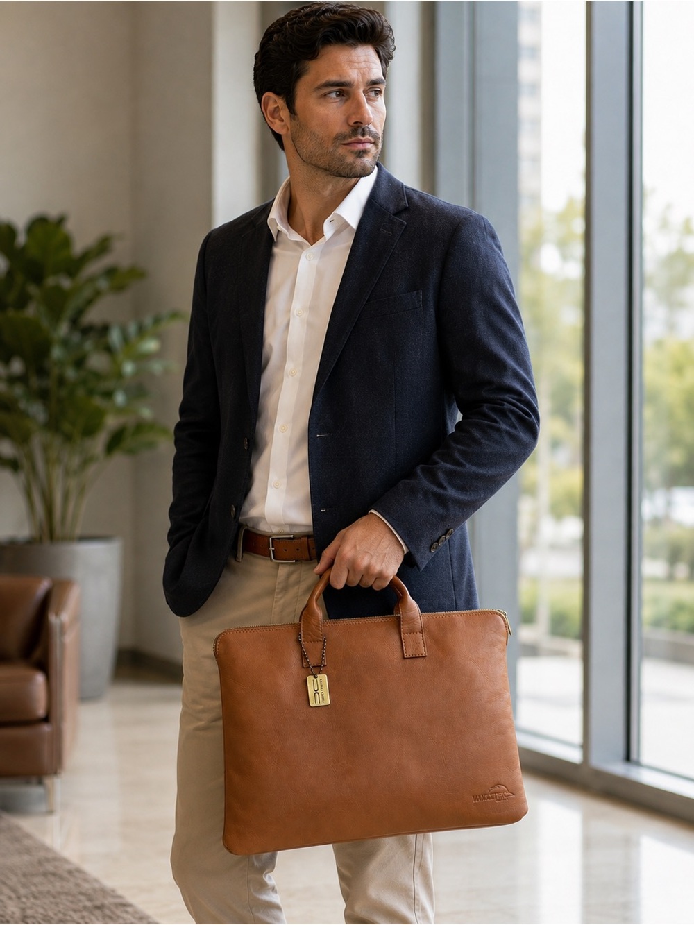 Claire Chase Unisex Saddle Brown Genuine Leather Folio Briefcase Laptop Bag